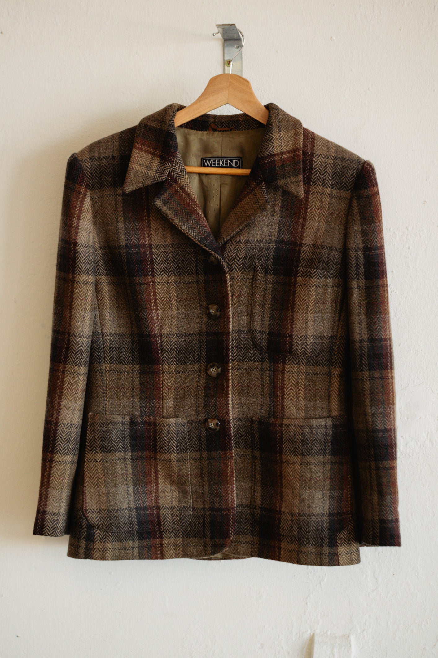 Weekend by Max Mara Wool Blazer Coat - Olive Green Herringbone & Tweed, Italian Designer, Size M/UK 10