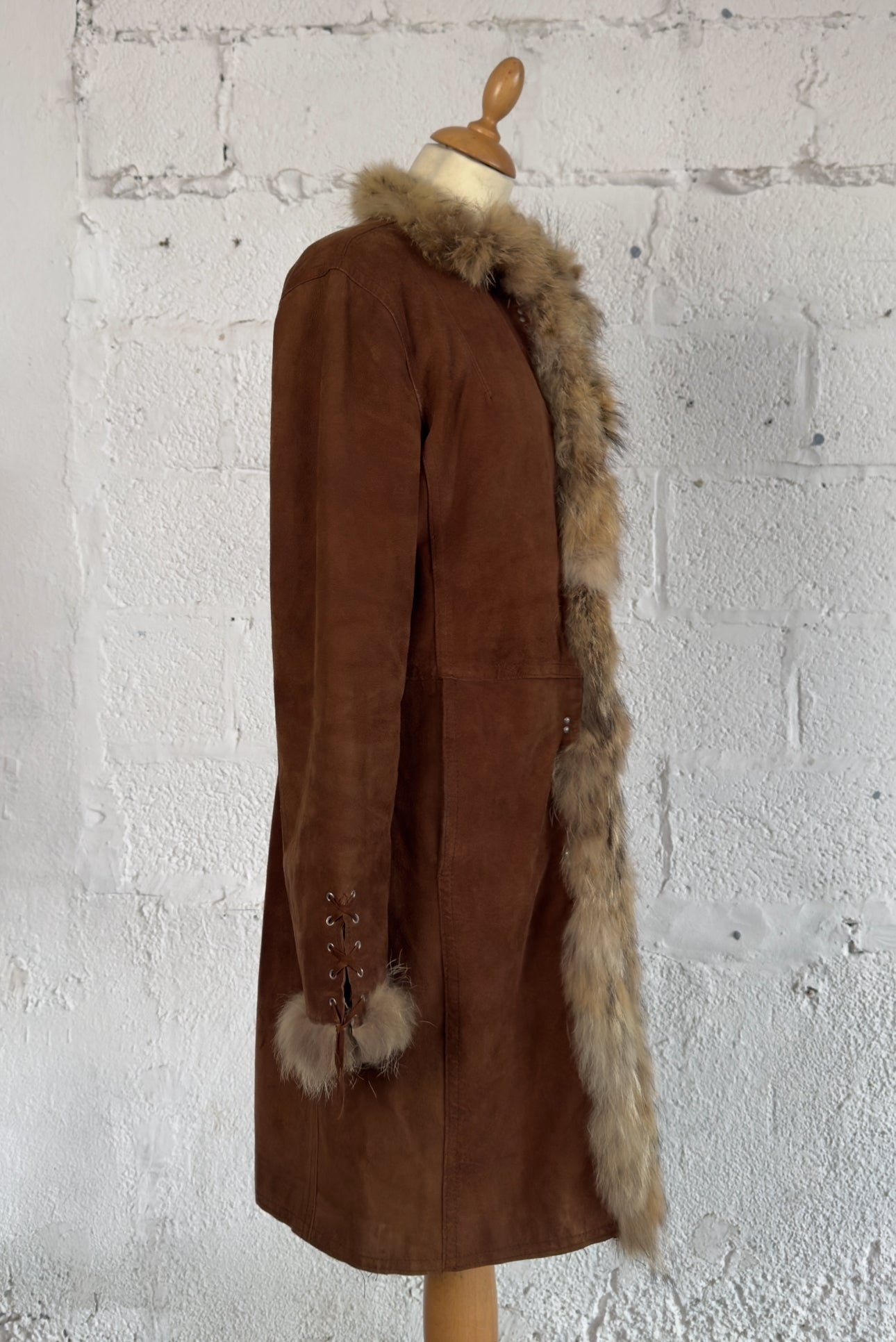 Camel Afghan Suede Coat Real Fur Detail Size M/L Women’s UK 10-12