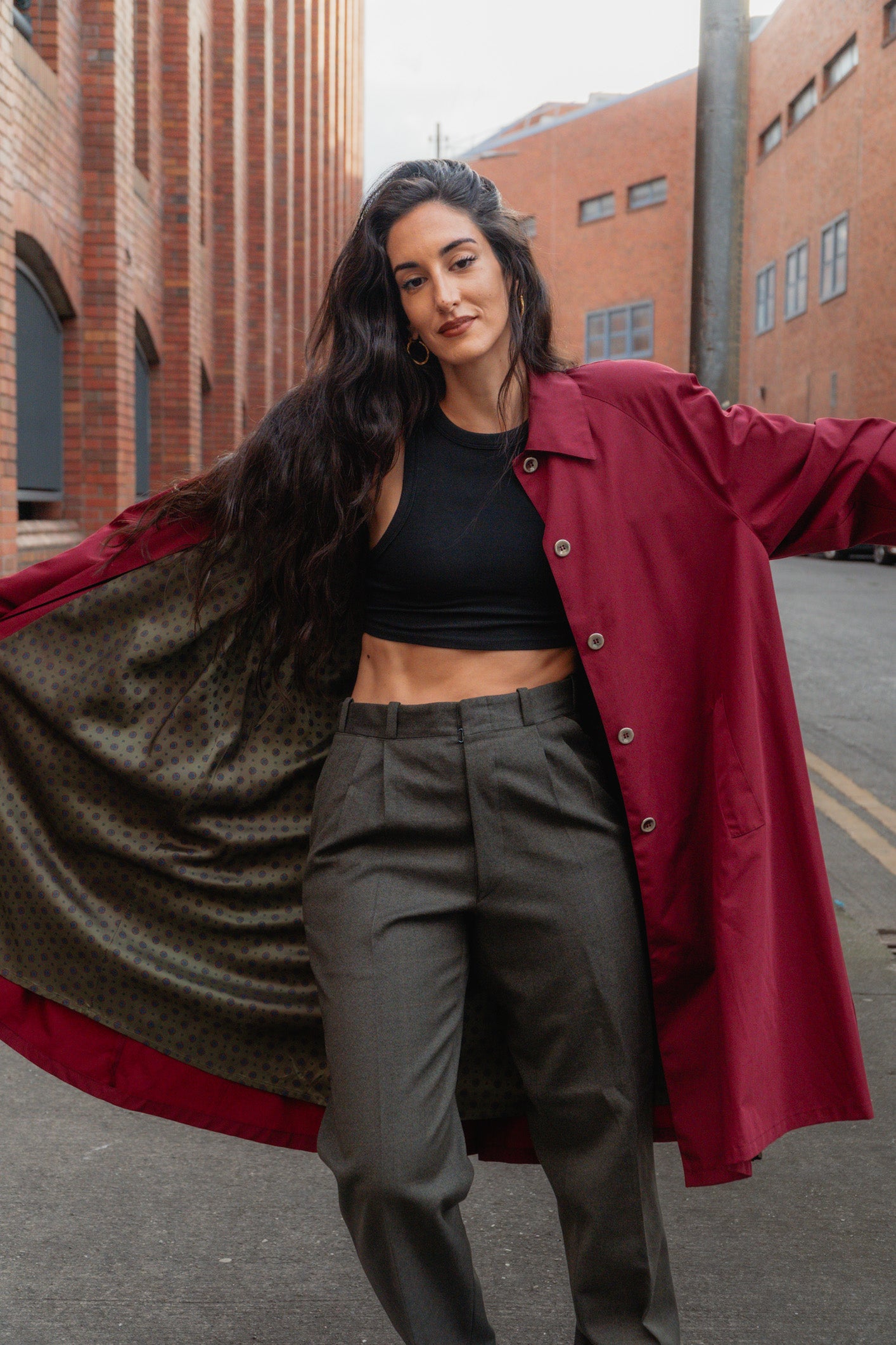 Burgundy Trench Coat - Classic Tailored Coat, UK 12/14 L/XL