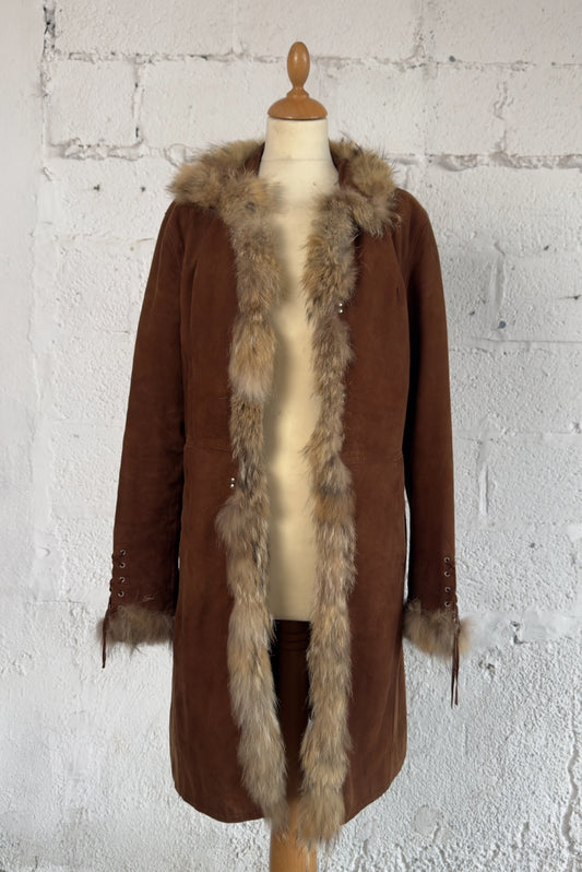 Camel Afghan Suede Coat Real Fur Detail Size M/L Women’s UK 10-12
