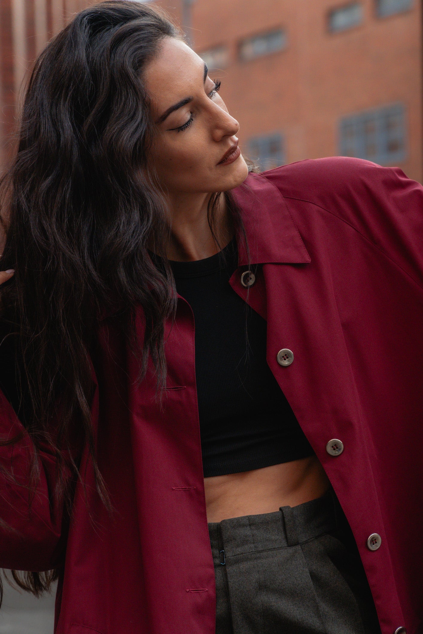 Burgundy Trench Coat - Classic Tailored Coat, UK 12/14 L/XL