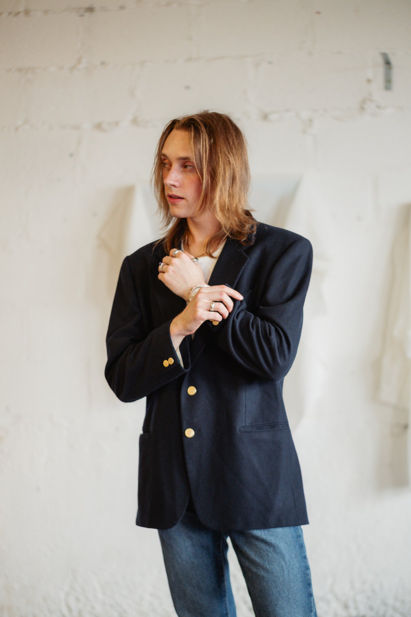 Vintage Valentino Uomo Navy Wool Blazer - Gold Buttons, Italian Designer, L or XL