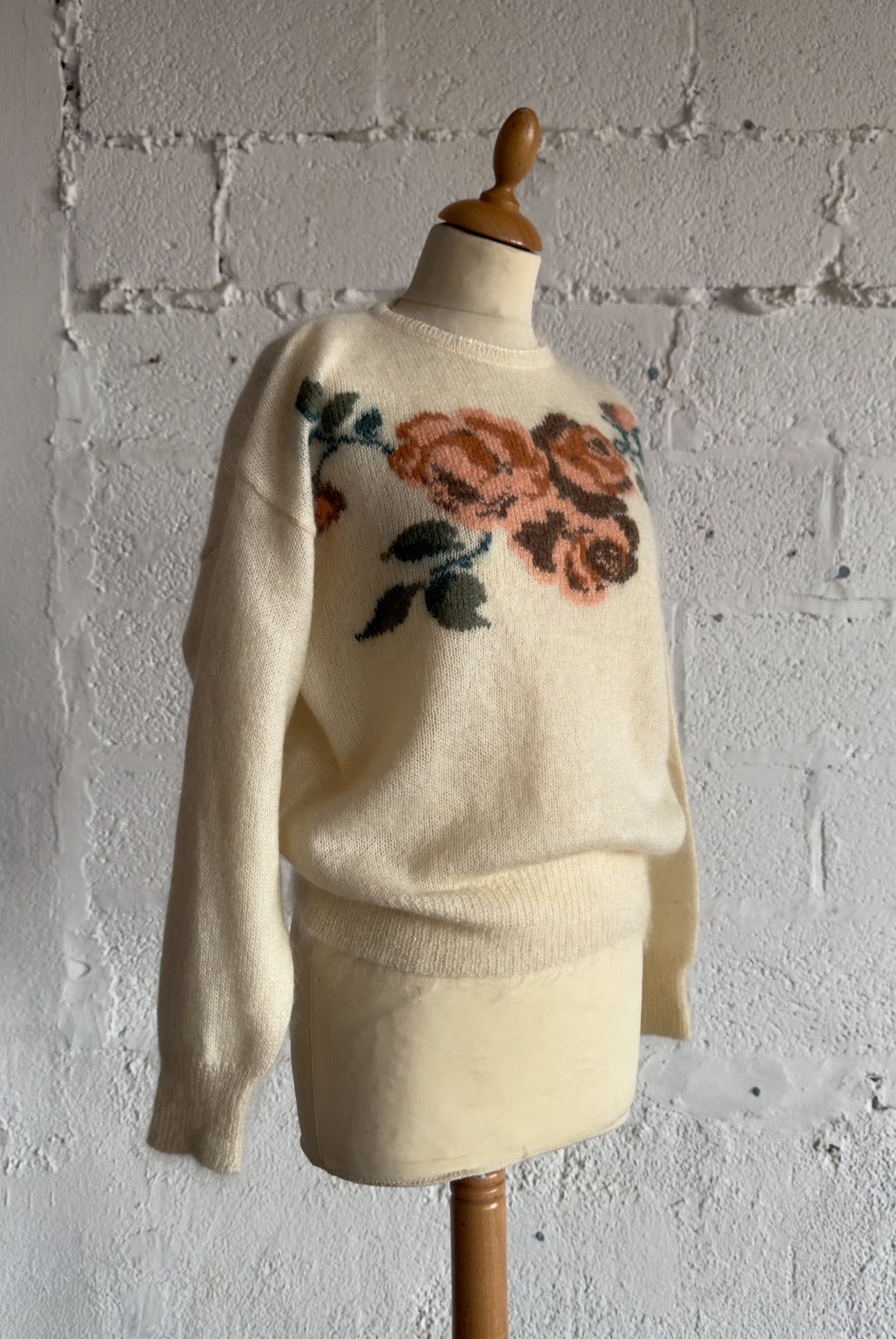 Mohair Knit Jumper in Cream with Rose Motif Size S UK 6/8