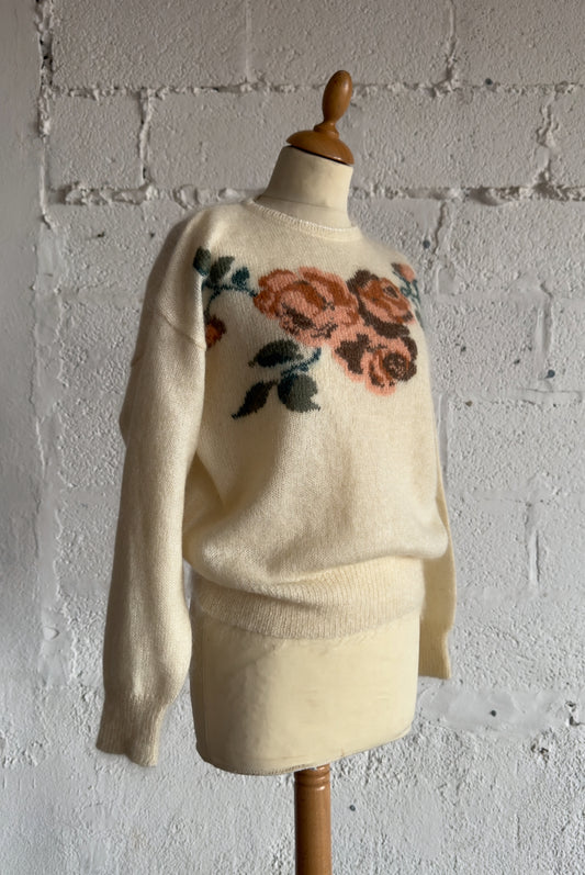 Mohair Knit Jumper in Cream with Rose Motif Size S UK 6/8