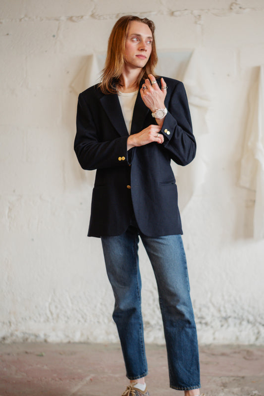 Vintage Valentino Uomo Navy Wool Blazer in L XL size