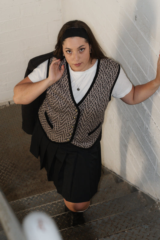 Pattern Sweater Vest with Black Velvet Trim Detail Size M/L UK 10/12