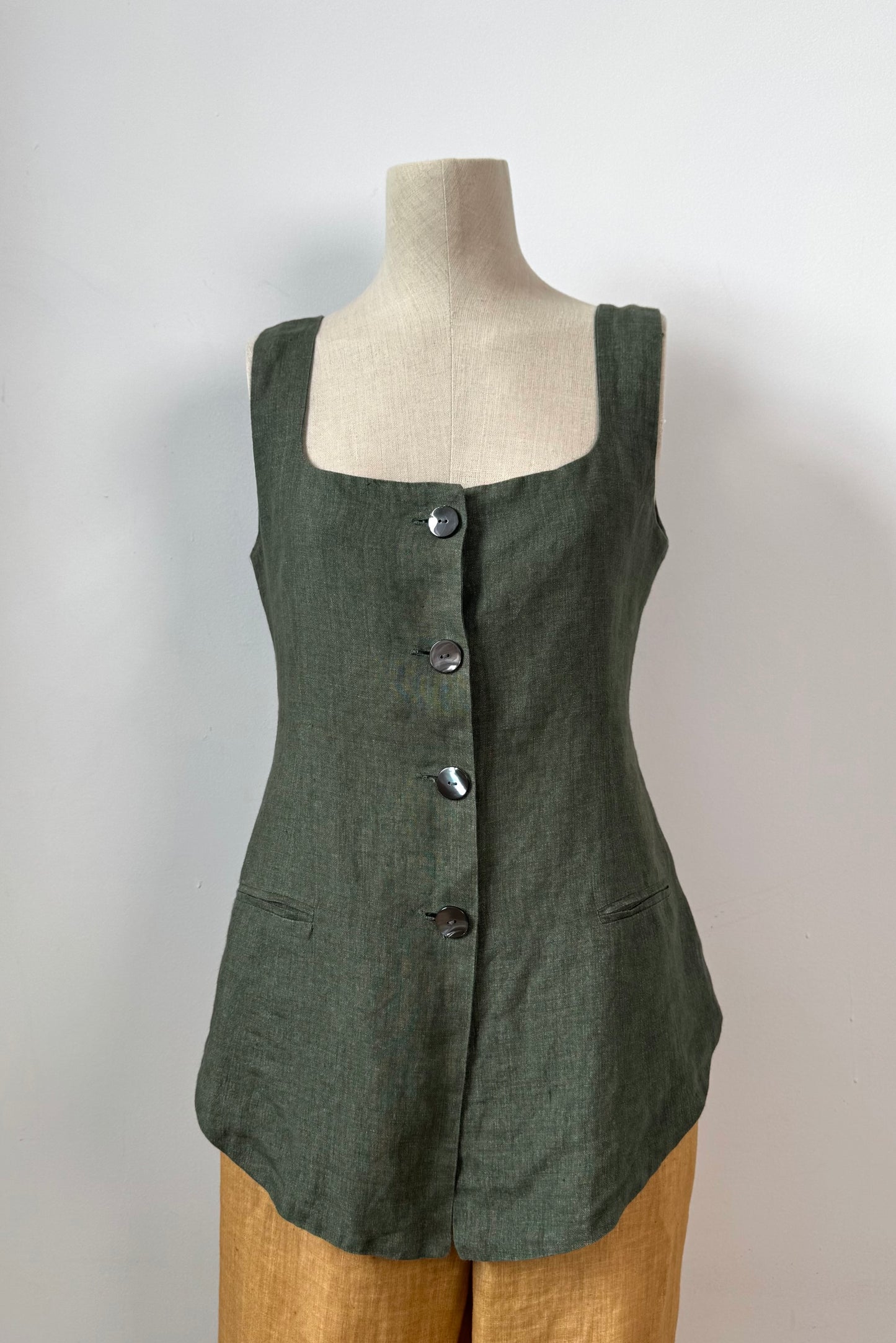 KHAKI LINEN VEST SIZE S UK 8