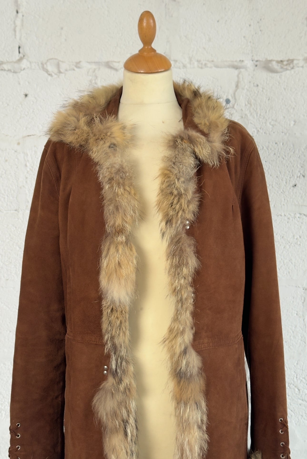 Camel Afghan Suede Coat Real Fur Detail Size M/L Women’s UK 10-12