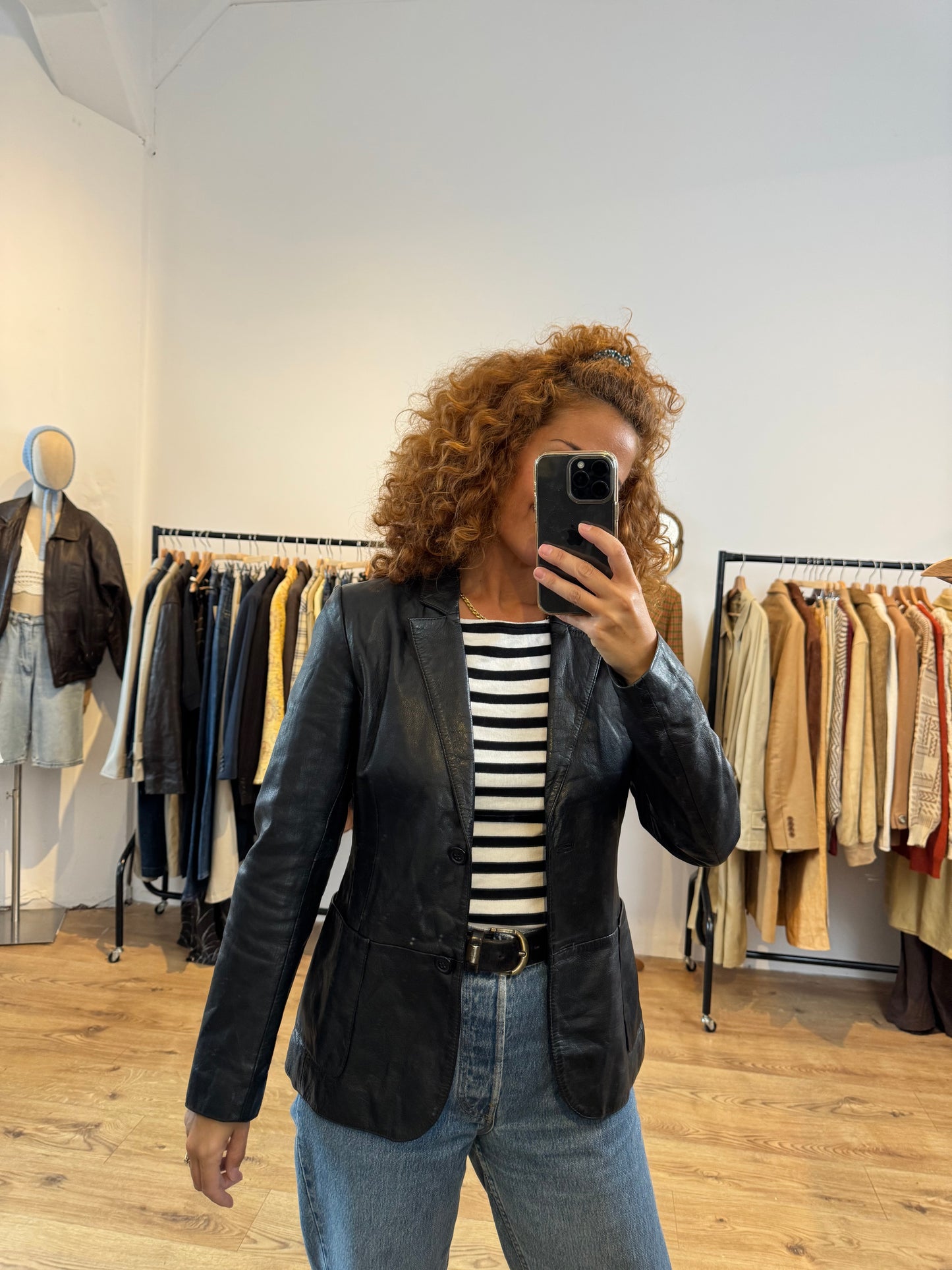 BLACK LEATHER BLAZER SIZE S UK6/8