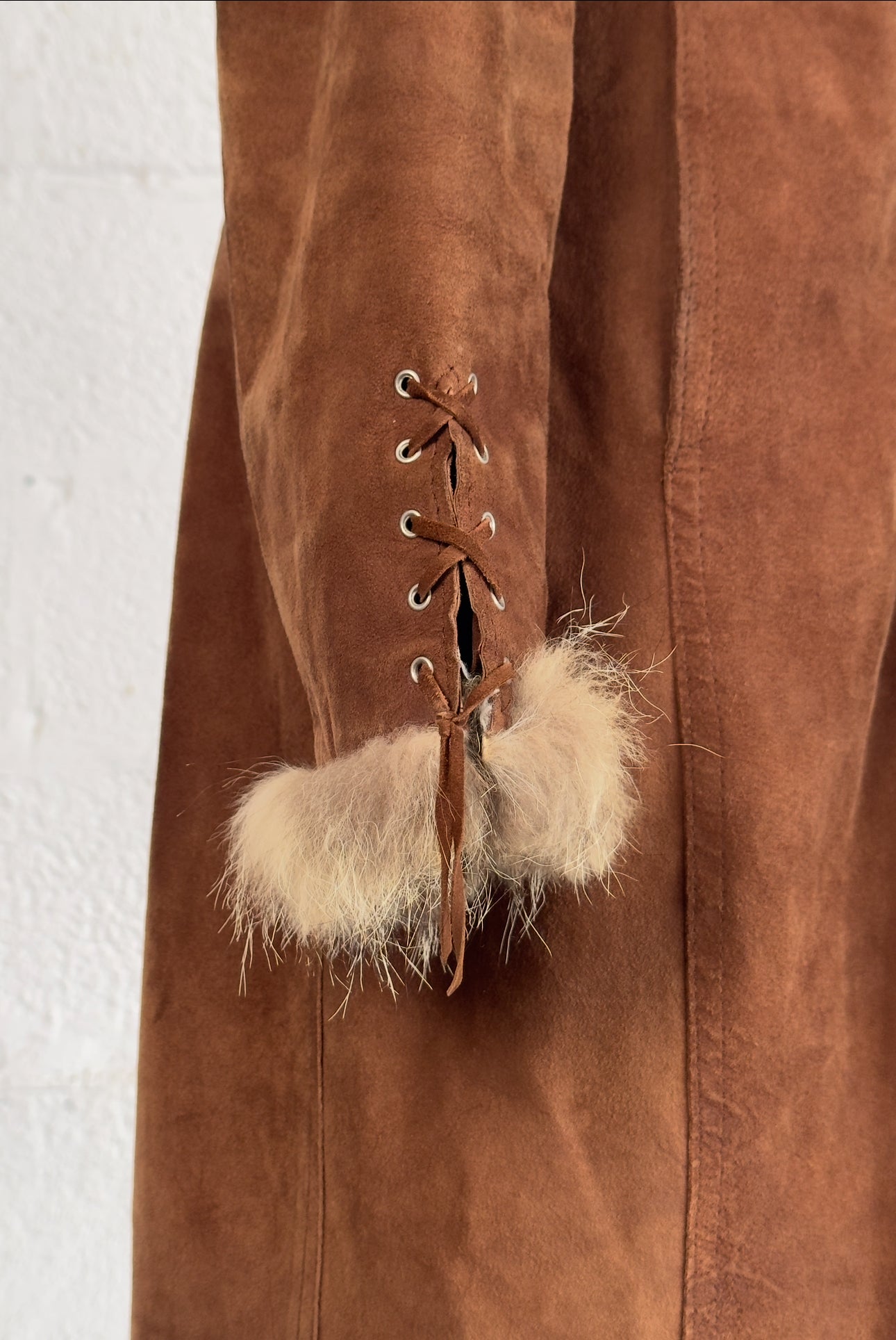 Camel Afghan Suede Coat Real Fur Detail Size M/L Women’s UK 10-12