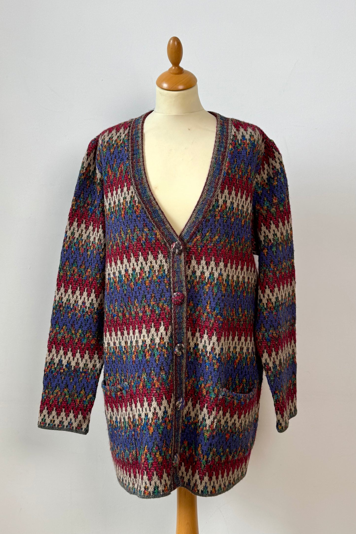 ZIG ZAG PATTERN MERINO CARDIGAN SIZE L/XL UK 12/14