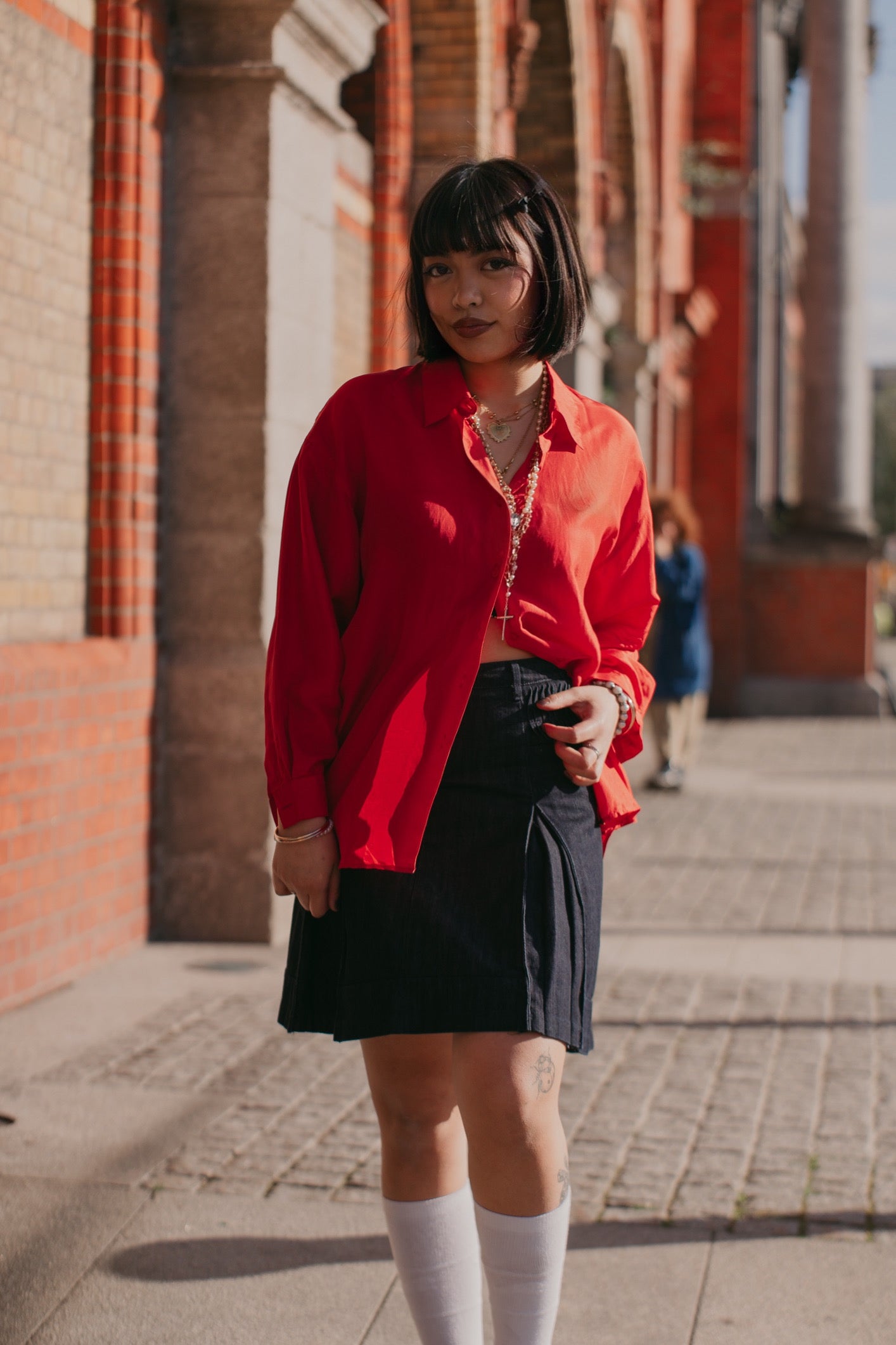 Sisley Box Pleated Denim Skirt in Size S/M UK 6/8