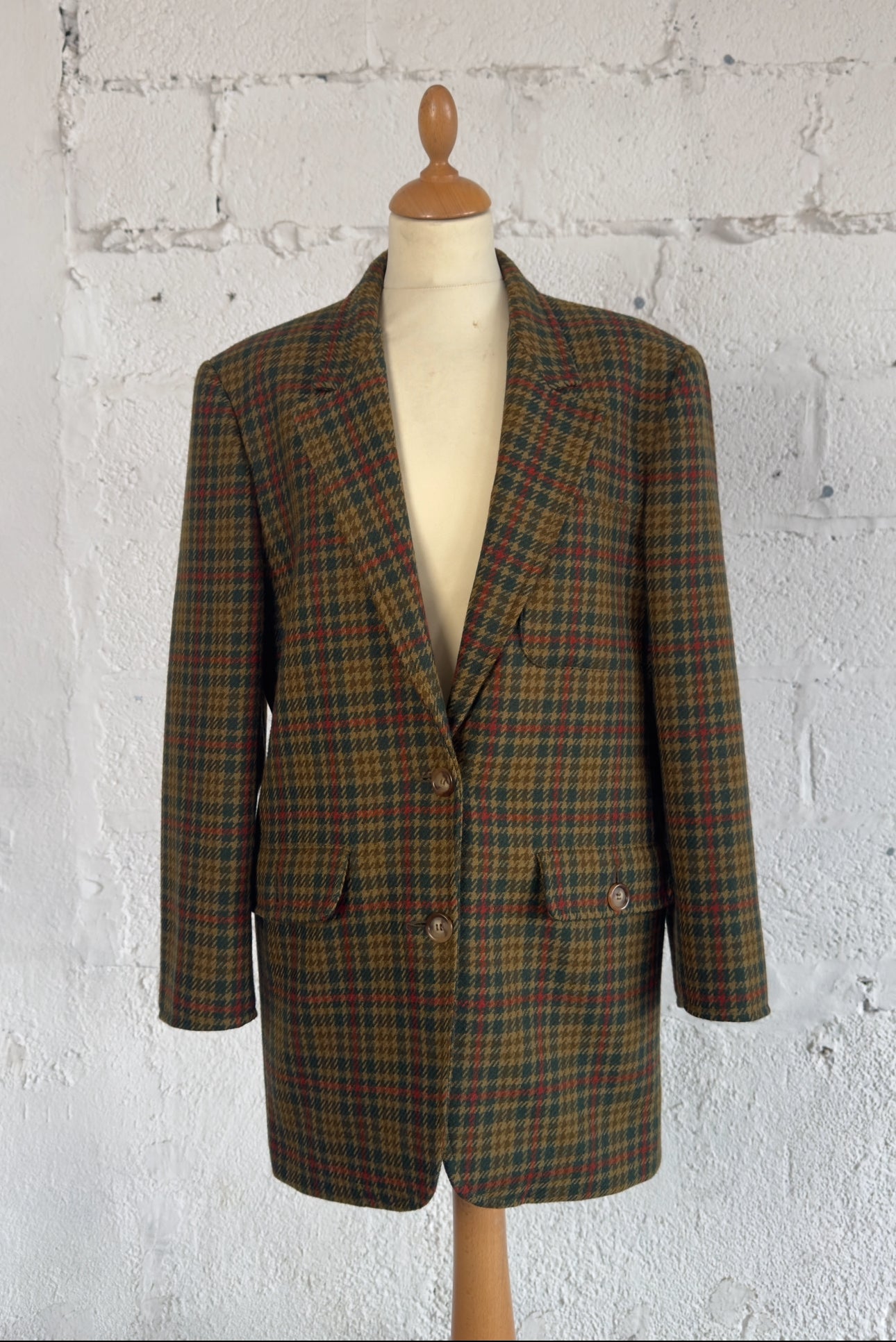 Houndstooth Check Green Wool Blazer Size M/L Women, Medium Men’s