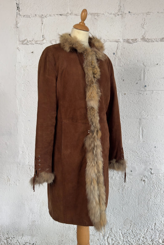 Camel Afghan Suede Coat Real Fur Detail Size M/L Women’s UK 10-12