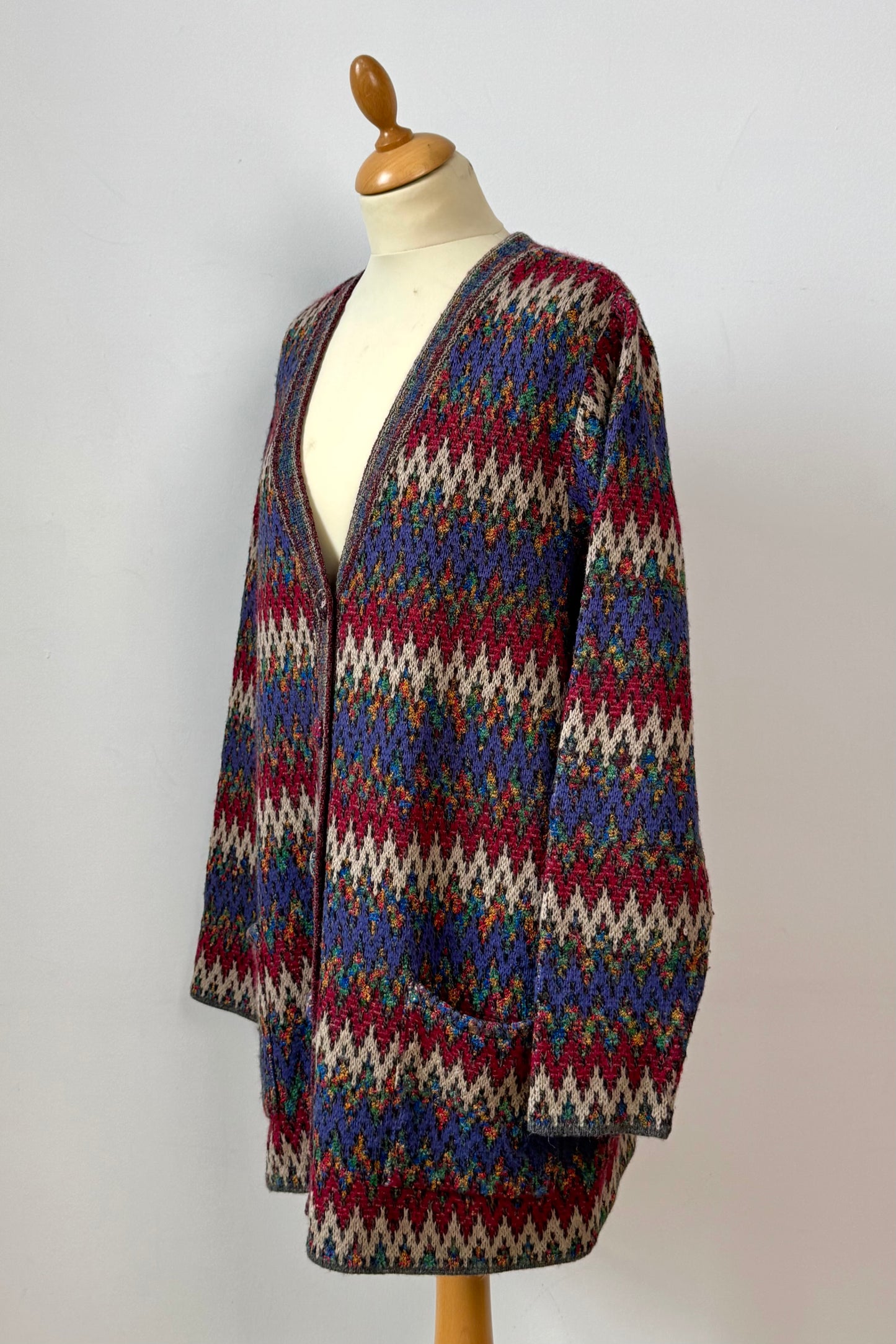 ZIG ZAG PATTERN MERINO CARDIGAN SIZE L/XL UK 12/14