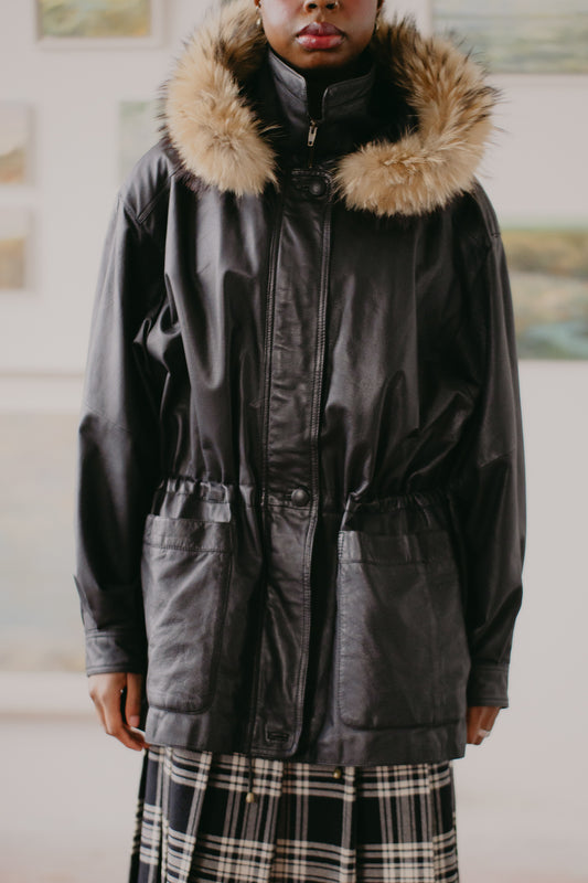Leather Parka with fur hood Size L/XL UK 14/12