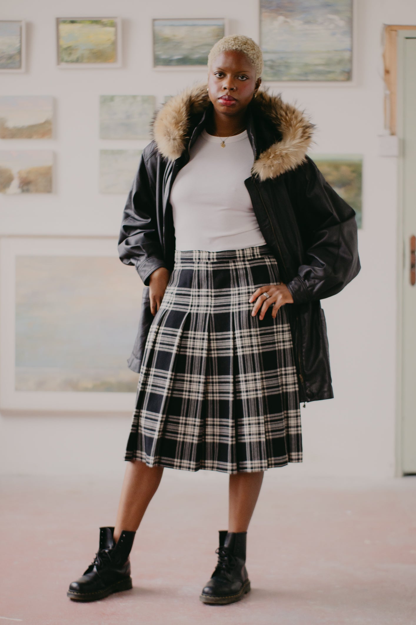 Leather Parka with fur hood Size L/XL UK 14/12