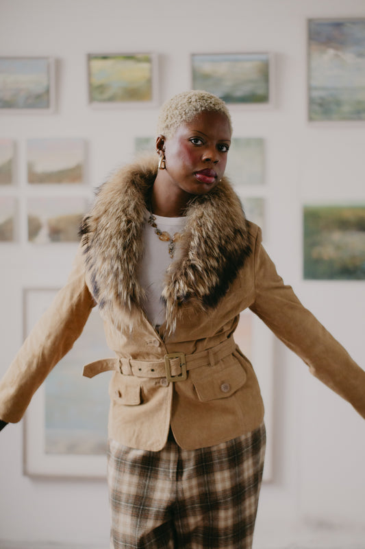 Suede Camel Jacket with fur Size S/M UK 8/10