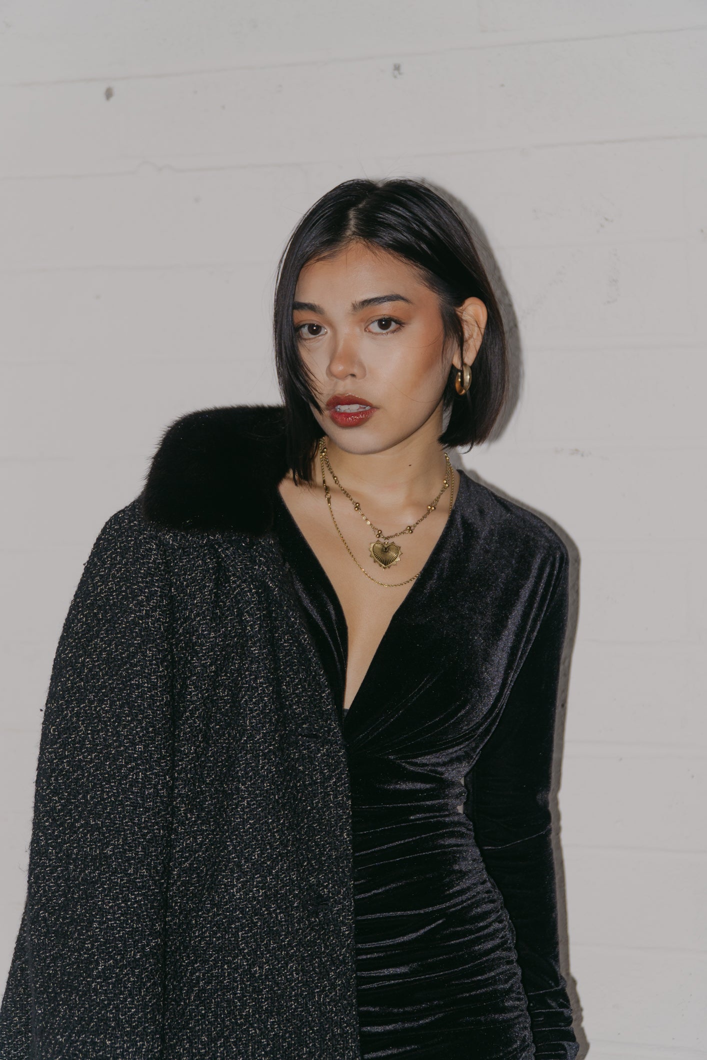 Velvet Ruched Long-Sleeve Dress in Size S/M UK 8/10