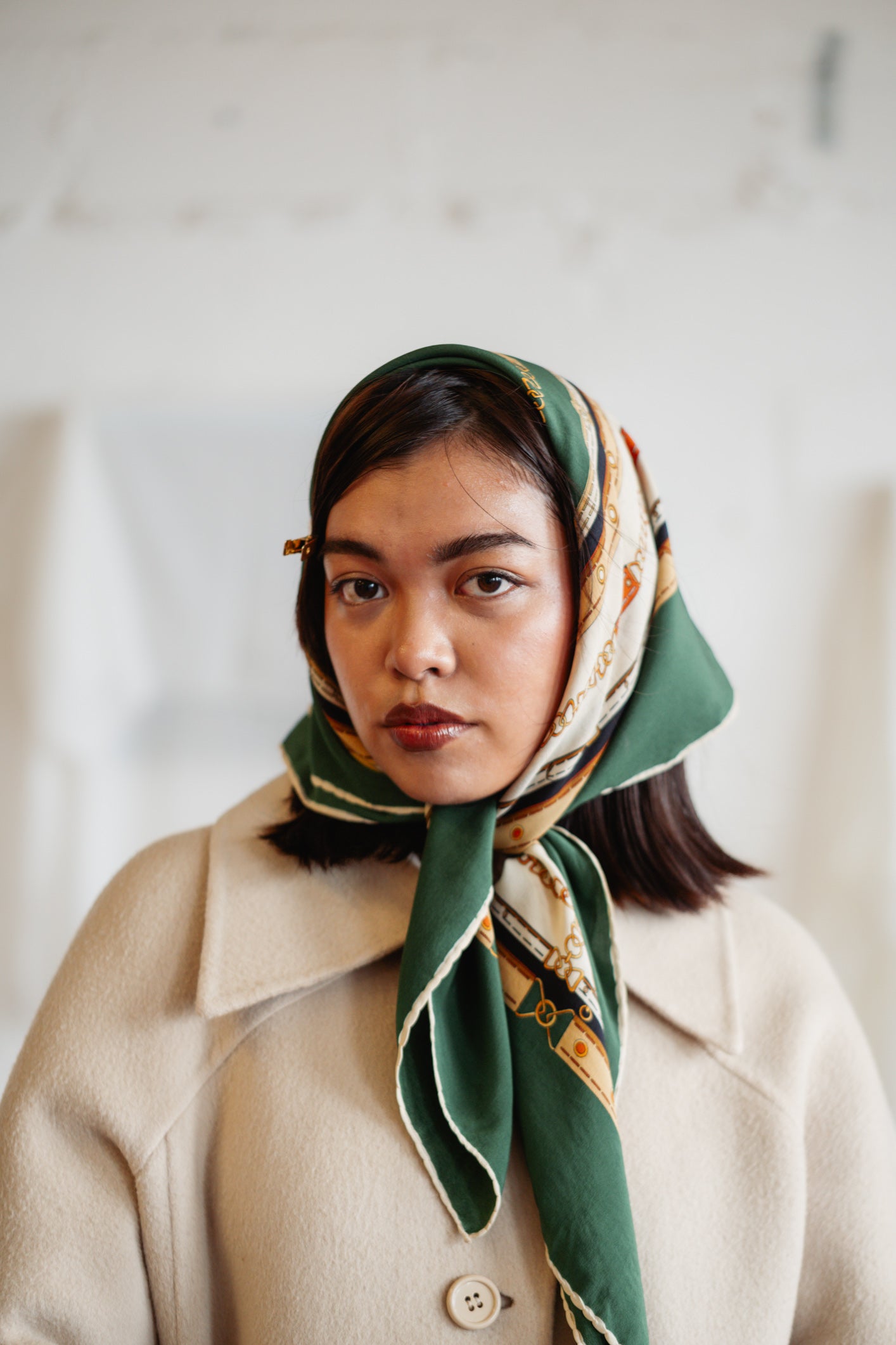 Vintage Mizan Silk Scarf - Emerald Green Chain Print, Elegant Sailor Design