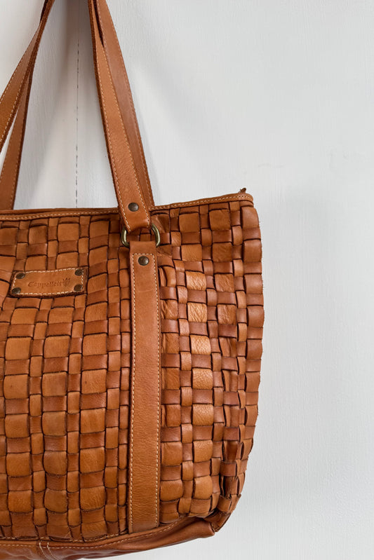 Tan Woven Leather Tote Handbag