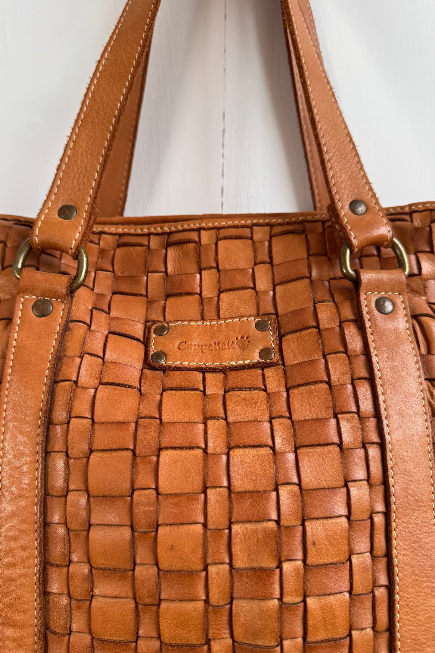 Tan Woven Leather Tote Handbag