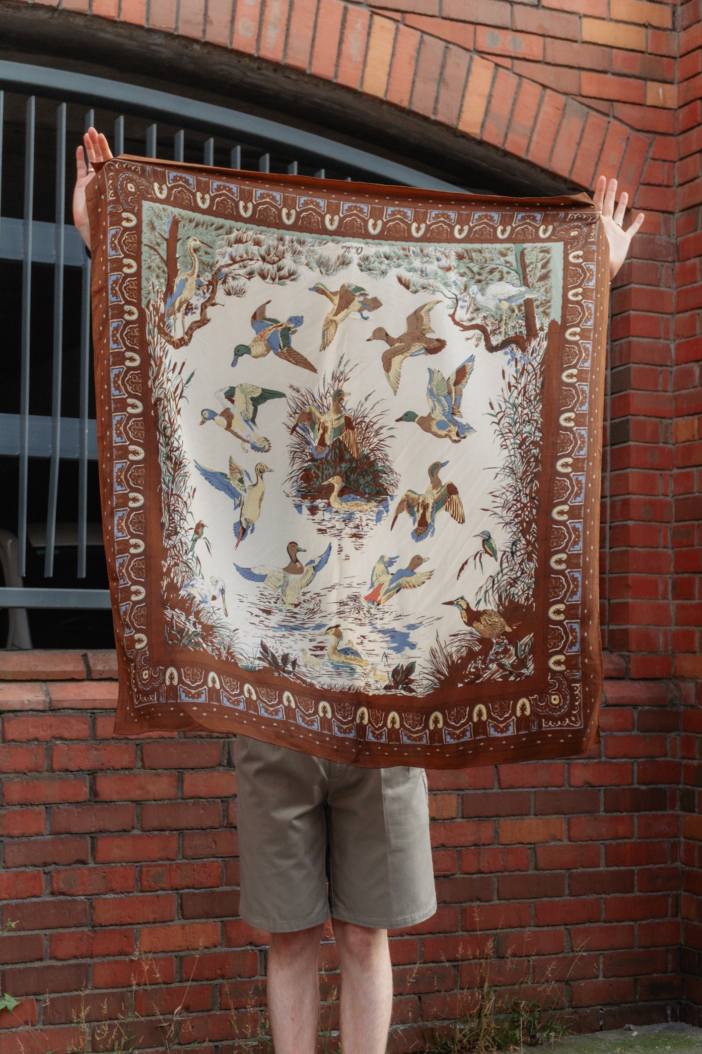 Maxi Silk Scarf - Warm Brown & Muted Blue, Duck Watercolour Print, Headscarf & Accessory
