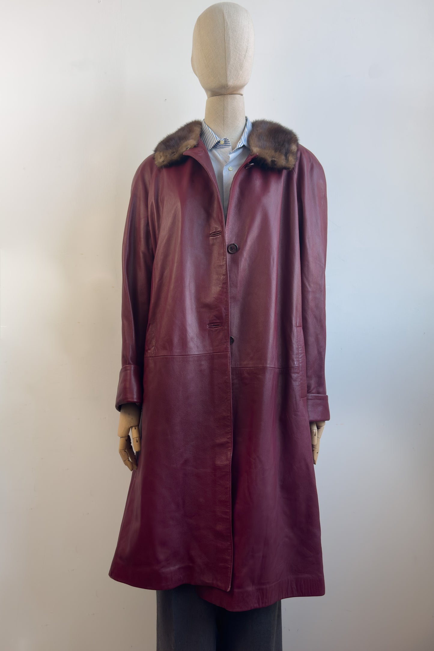 Burgundy Longline Leather Coat with Removable Fur Collar Size L UK 12