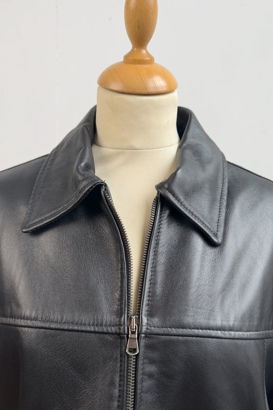 Italian Black Leather Jacket Straight Zip Size L/XL