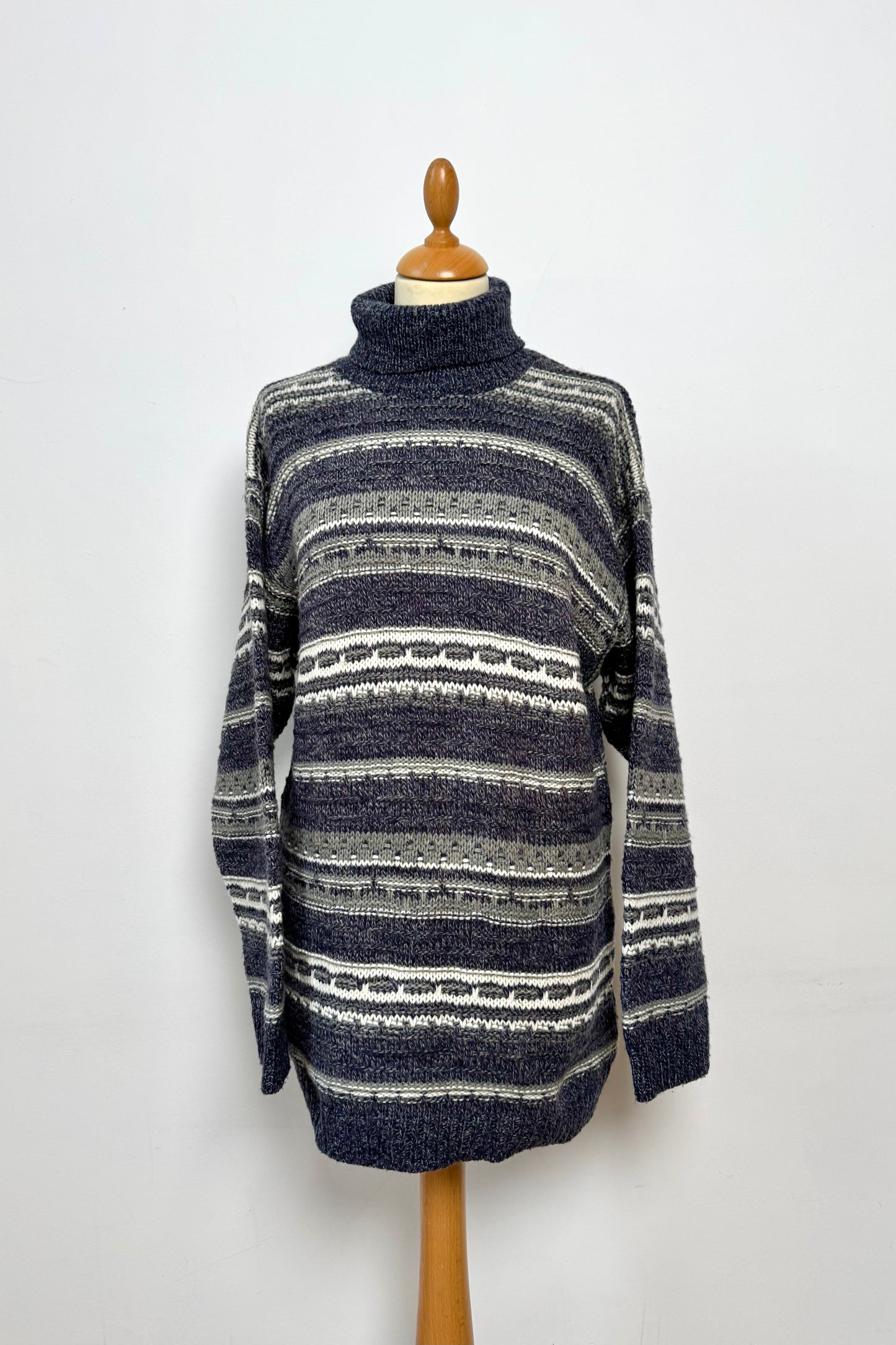 Knit Turtleneck Jumper Navy, Grey, and White in Size L UK 12