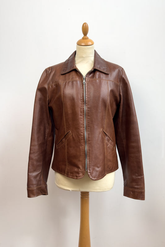 Italian Caramel Brown Leather Biker Jacket Size M/L UK 10/12