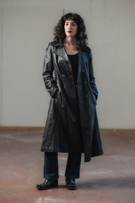 Black Italian Leather Trench Coat Double-breasted Size S/M UK 8/10