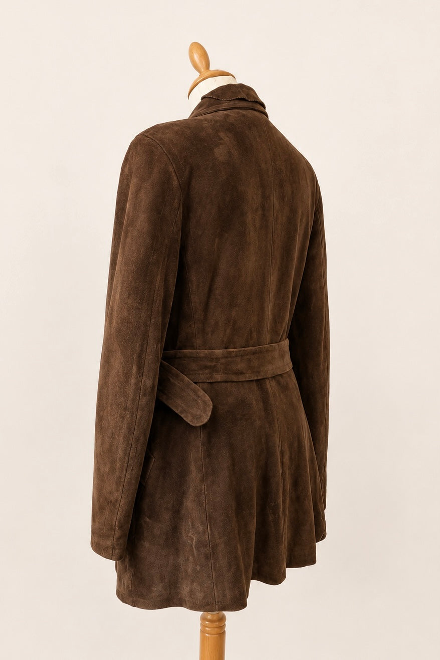 Chocolate Brown Suede Longline Leather Coat
