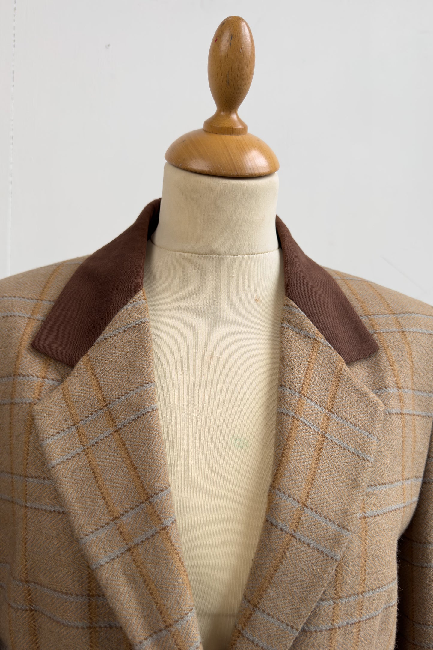 Beige Herringbone Check Blazer with Brown & Pastel Blue Accents Size S/M UK 8/10
