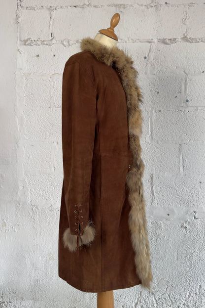 Camel Afghan Suede Coat Real Fur Detail Size M/L Women’s UK 10-12