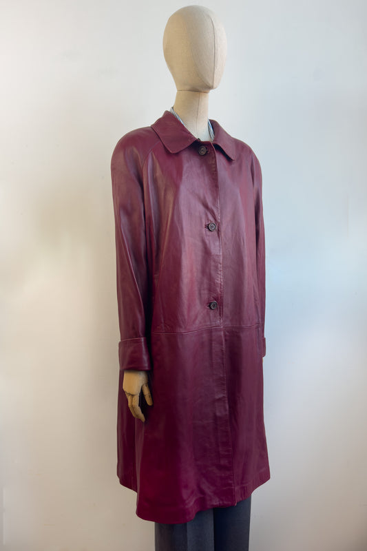 Burgundy Longline Leather Coat with Removable Fur Collar Size L UK 12