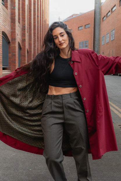 Burgundy Trench Coat - Classic Tailored Coat, UK 12/14 L/XL