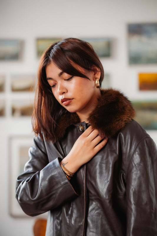 Vintage Leather Coat with Detachable Fur Collar - Real Leather, Real Fur, UK 10/12 M/L