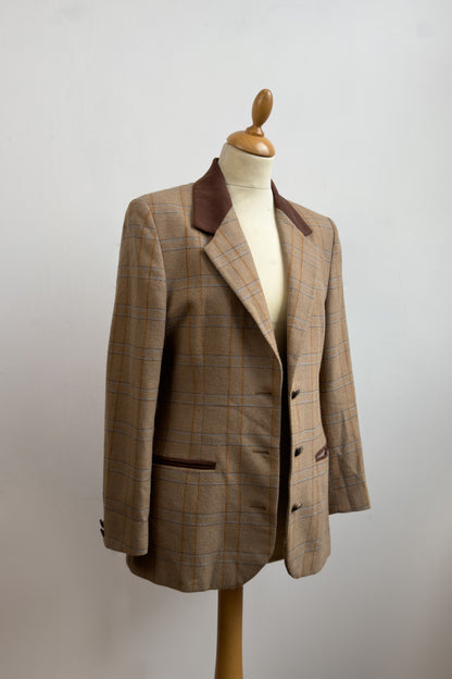 Beige Herringbone Check Blazer with Brown & Pastel Blue Accents Size S/M UK 8/10