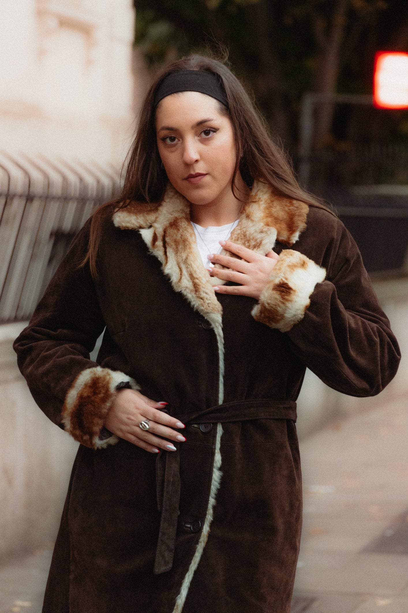 Dark Brown Suede Maxi Coat with Fur Trim Size L/XL UK 12/14