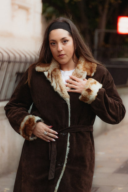 Dark Brown Suede Maxi Coat with Fur Trim Size L/XL UK 12/14