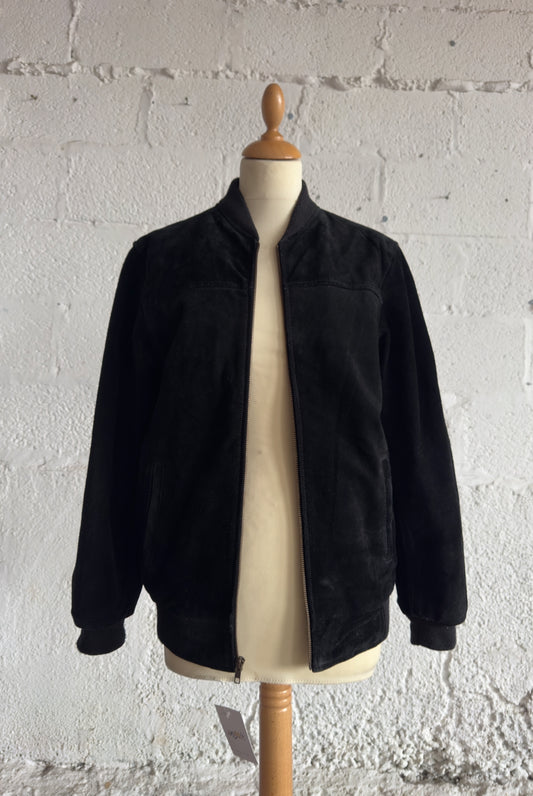 Black Suede Bomber Jacket Unisex Women’s S/M UK 8-12 Men’s S