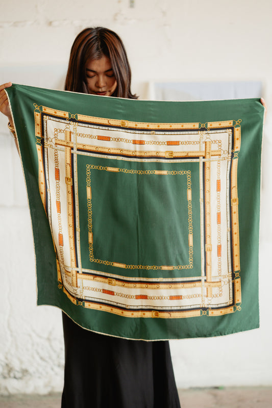 Vintage Mizan Silk Scarf - Emerald Green Chain Print, Elegant Sailor Design