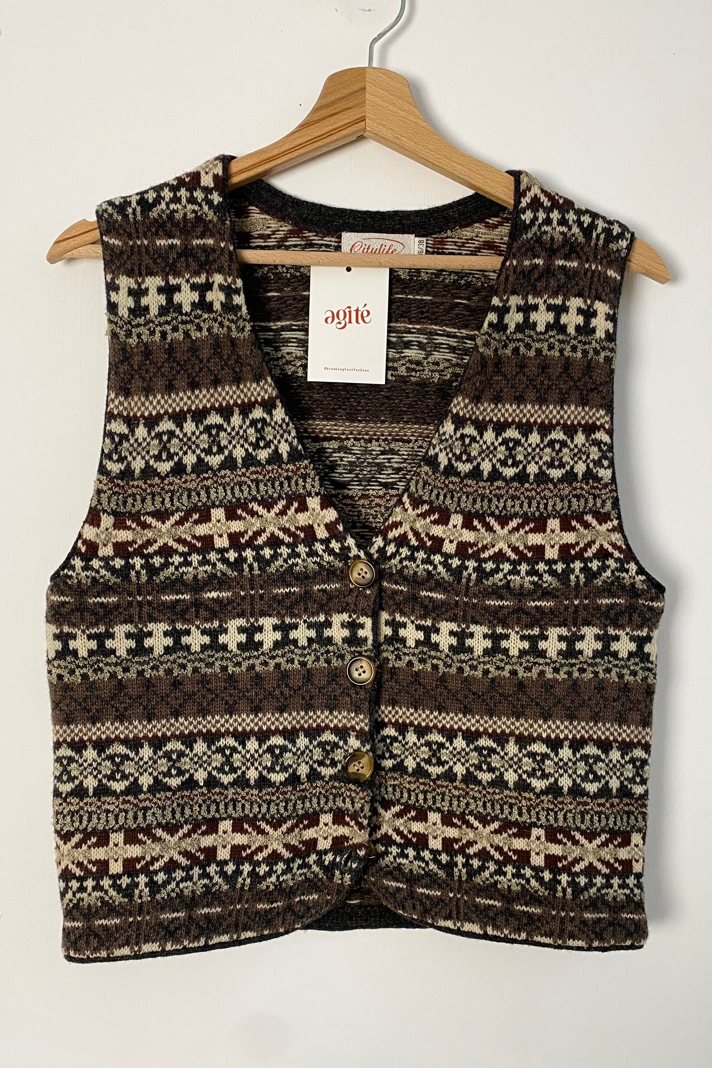 80s Patterned Sweatervest in Brown-Cream Size S/M UK 36/38