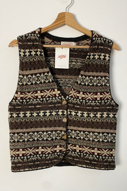 80s Patterned Sweatervest in Brown-Cream Size S/M UK 36/38