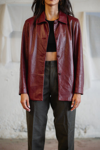 Vintage Burgundy Leather Blazer - Real Leather, Straight Fit, UK 10/12 M/L