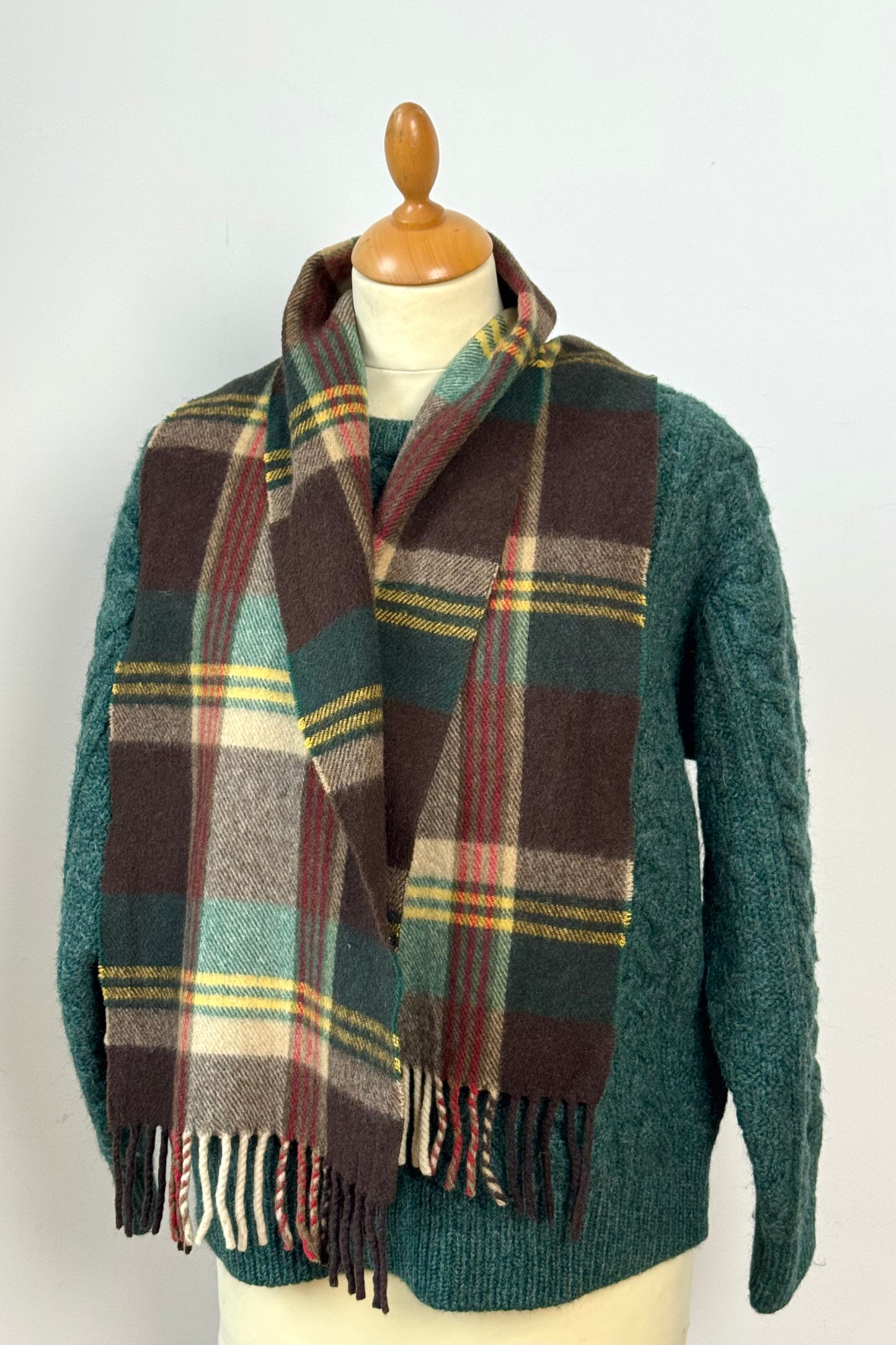 Plaid Wool Scarf in Green, Brown, Mustard and Cream