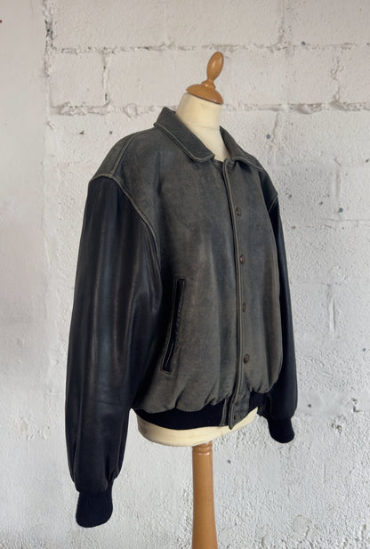 Leather Varsity Bomber Jacket in Grey Unisex Men’s L Women’s XL UK 12/14