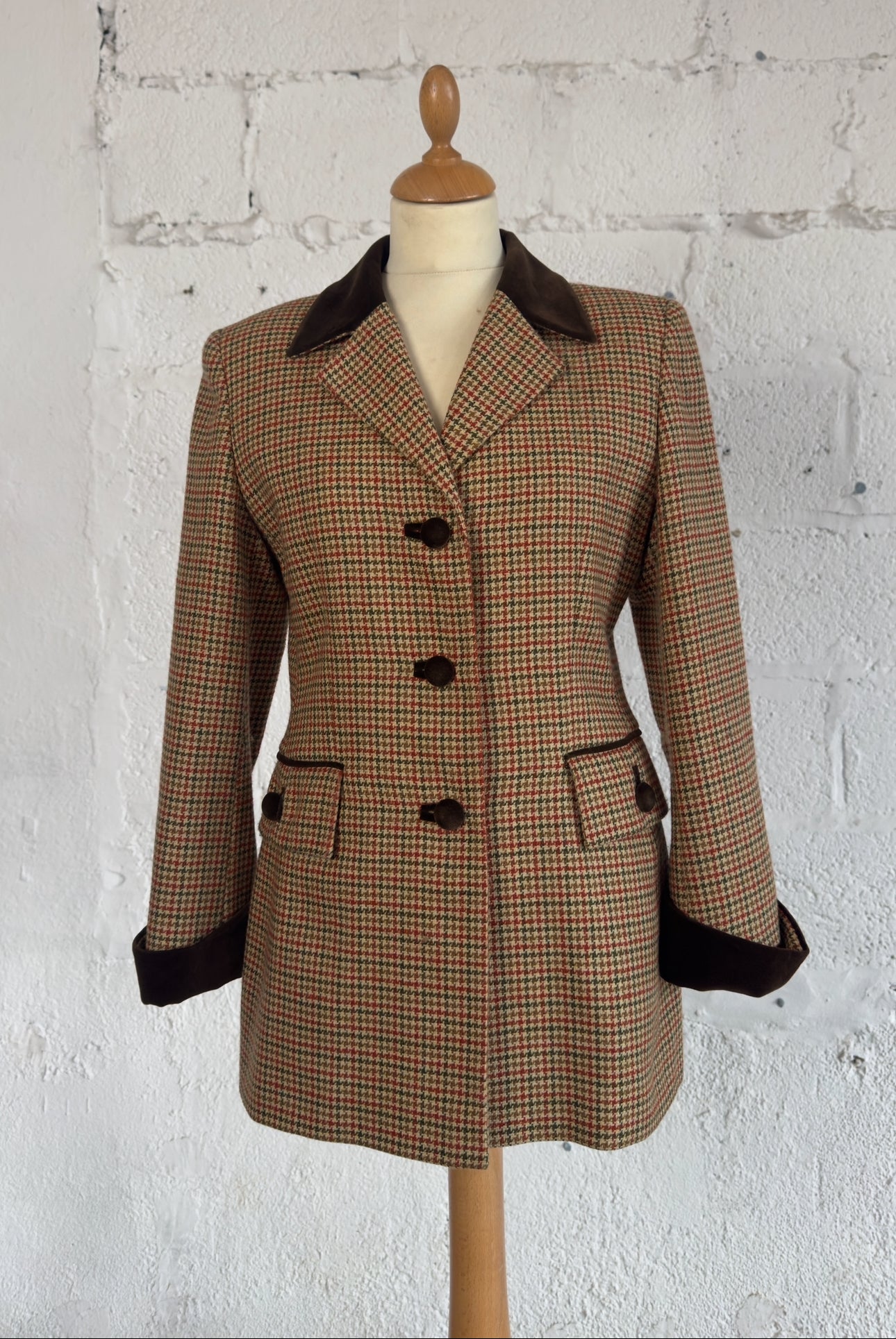 Women’s Houndstooth Wool Blazer Velvet Detail Size S/M Women’s UK 8/10