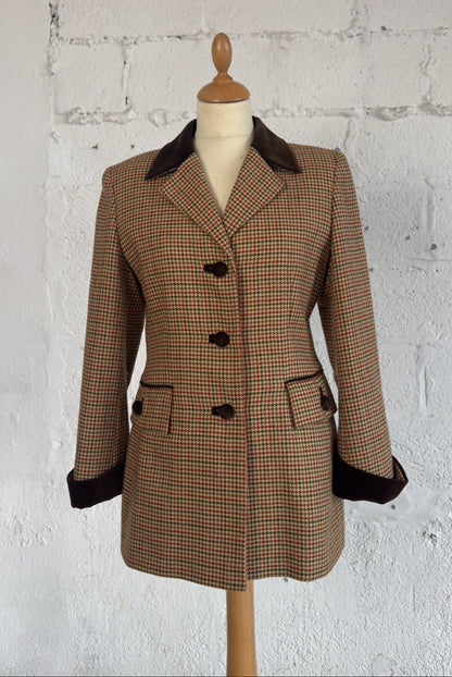 Women’s Houndstooth Wool Blazer Velvet Detail Size S/M Women’s UK 8/10